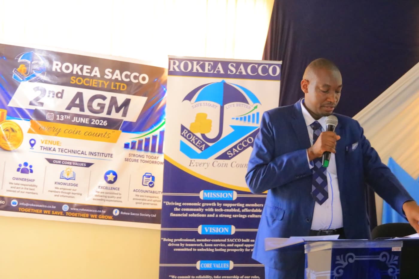 Maina presenting the chairman&rsquo;s report at the ROKEA Sacco 2nd AGM, June 2026